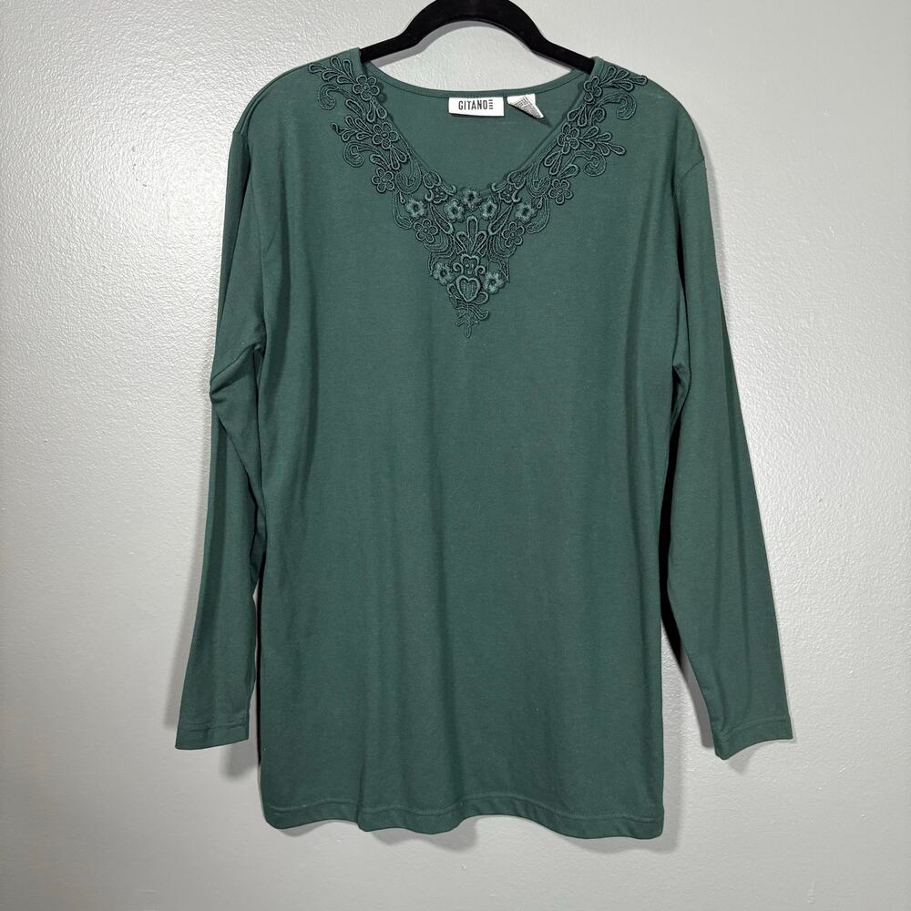 Gitano Women's Vintage 1990's Forest Green Lace Neck Tee - Size Medium - Grunge